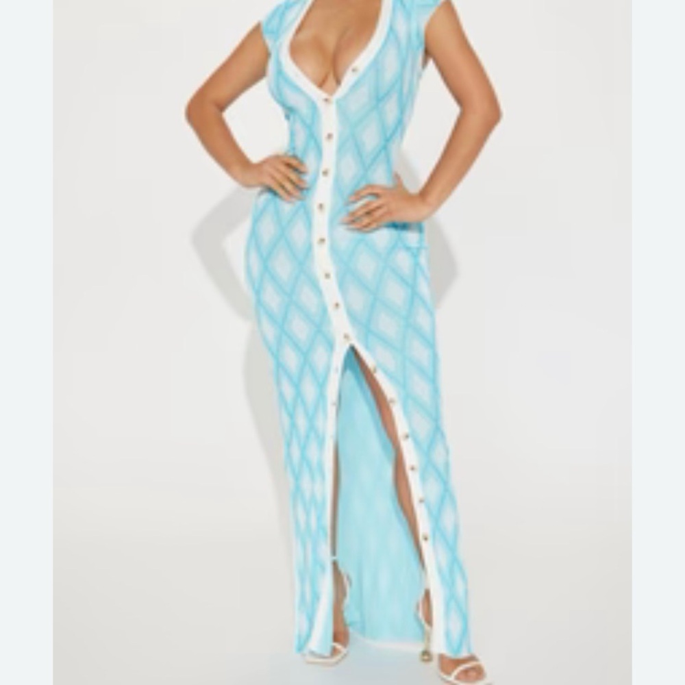 Fashion Nova Light Blue White Diamond-Pattern Maxi Dress